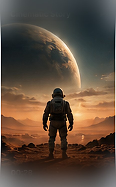 Astronaut on a red planet beneath a rising moon